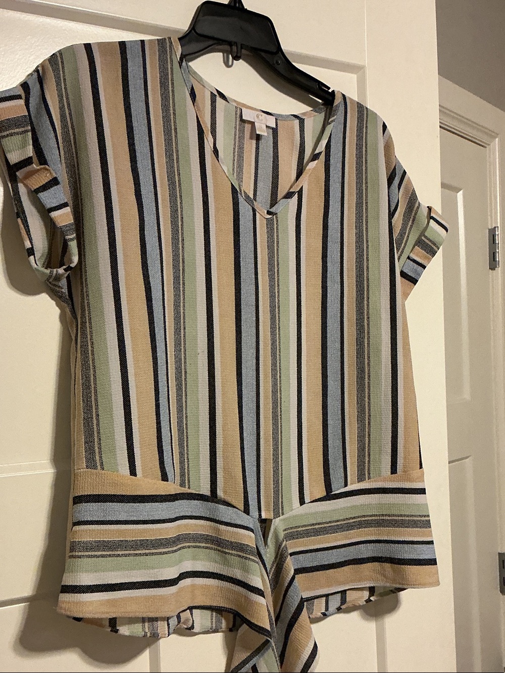 C Striped V-Neck Short Sleeve Tunic in Sage, Blue & Tan
